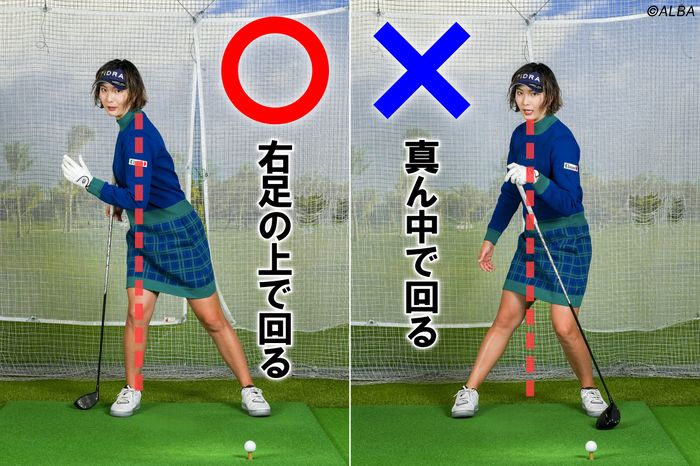 頭を右に動かしながら、右足の上で回ると深い捻転を作ることができる。反対に軸をセンターにキープしようとすると、左足体重の浅いトップになりやすい