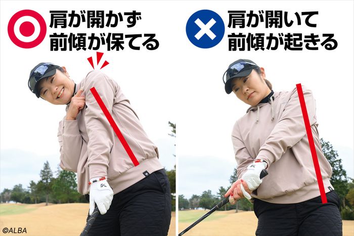 真下に投げる意識があれば、肩が開かず前傾角度も保たれる。それに対し、目標に意識があると肩が早く開いて前傾角度も崩れやすい