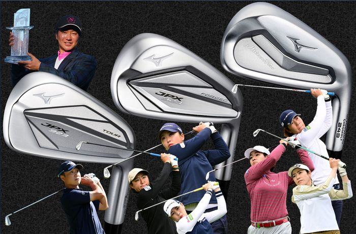 左から【JPX923TOUR】を使って2勝した平田憲聖とアマ優勝した杉浦悠太さん。【JPX923FORGED】を使用する西郷真央、野澤真央、イナリ。【MizunoPro243】は稲見萌寧の他にも、穴井詩、川岸史果、仲宗根澄、香、石井理緒、大里桃子らが愛用した
