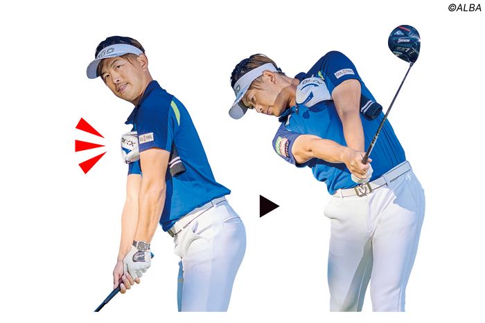 フェード打ちには左ワキにモノを挟んで、フォローでも落とさないドリルがおすすめ。左ワキが締まることで、ヘッドをインに振り出しながら、手元が低い位置に抜けてくれる