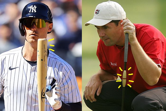 MLBで話題の『トルピードバット』（左）と、2007年にハリントンが投入した『トルピードパターシャフト』（Getty Images）