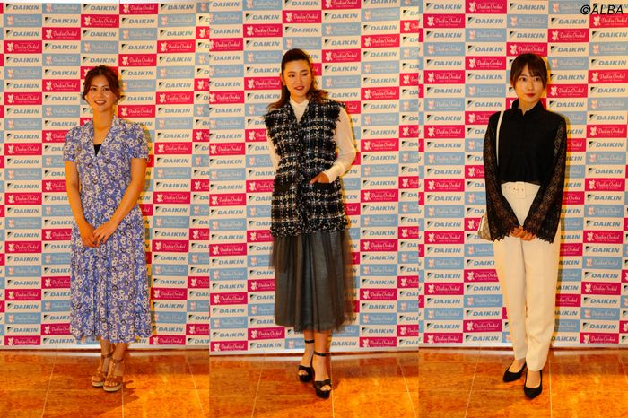 女子開幕戦の前夜祭が開催。左から新垣比菜、原英莉花、安田祐香